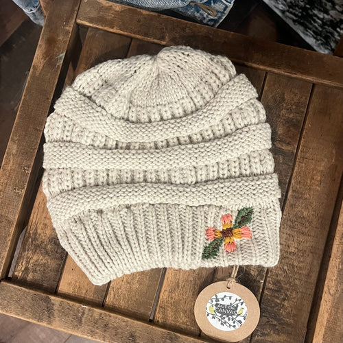 Creamy Floral Beanie (stocking hat) O/S Fits Most