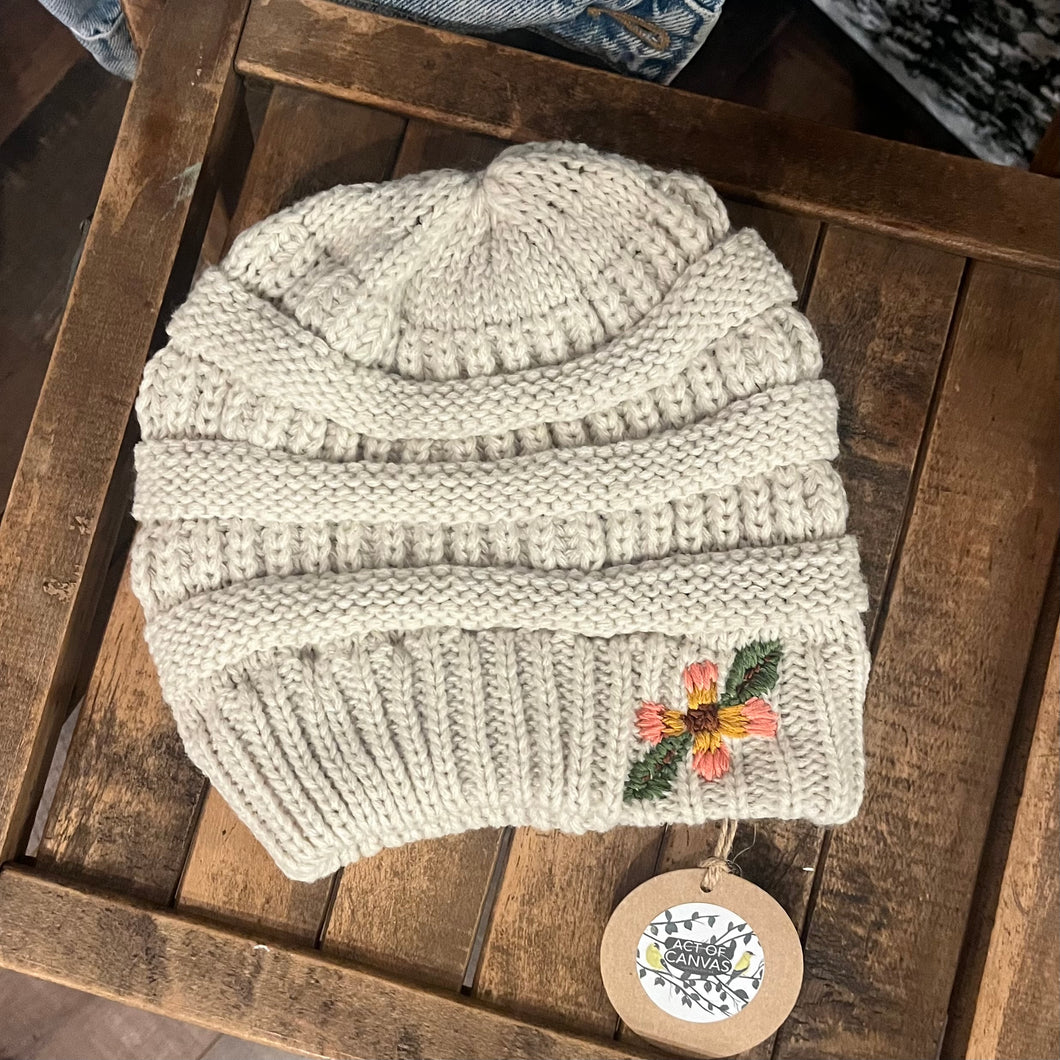 Creamy Floral Beanie (stocking hat) O/S Fits Most