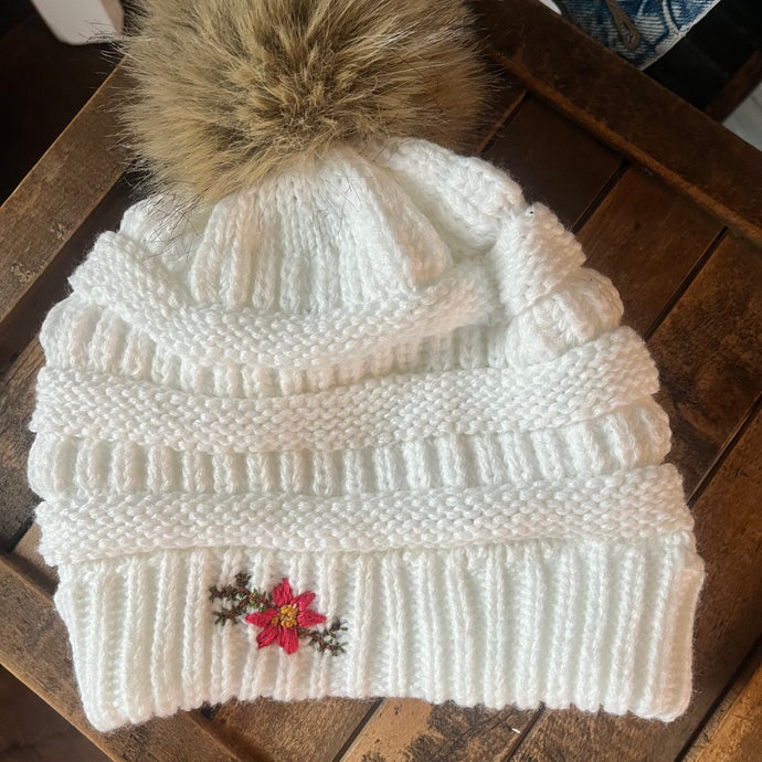 Winter White Floral Beanie (stocking hat) O/S Fits Most