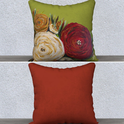 Green Floral/Burnt Orange Pillow Case with Insert