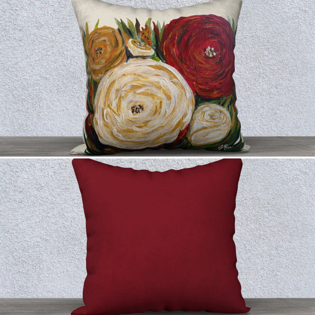 Cream Floral/Deep Red Pillow Case with Insert